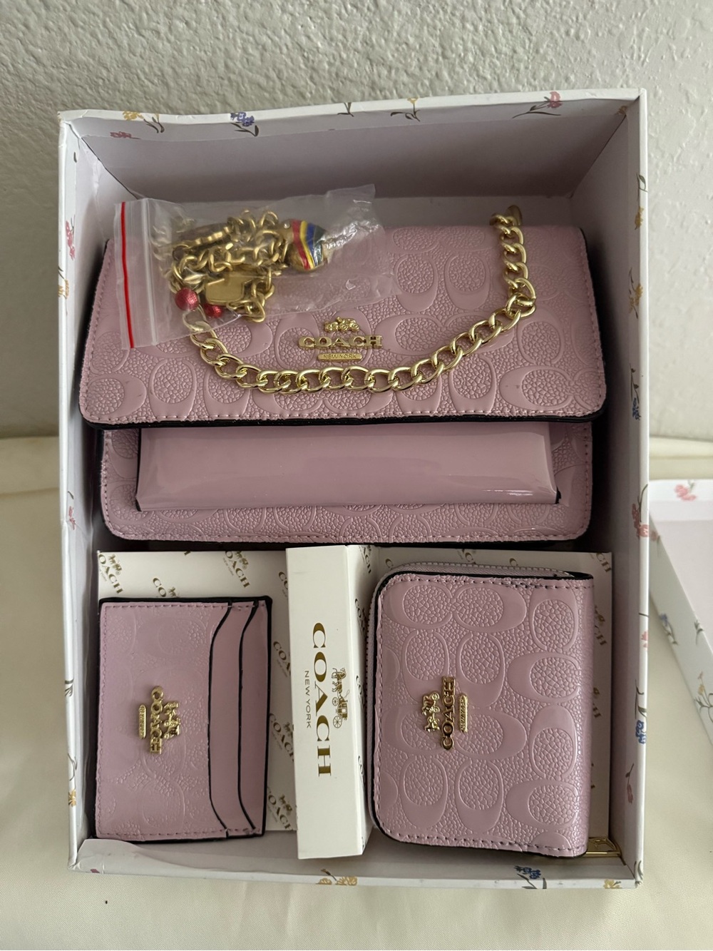 Coach Pink Signature Chain Shoulder Bag with Matching Wallet & Cardholder NEW